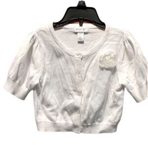 Savannah Short Sleeve Girls White Knit Cardigan Sweater Rose Flower Accent 7/8